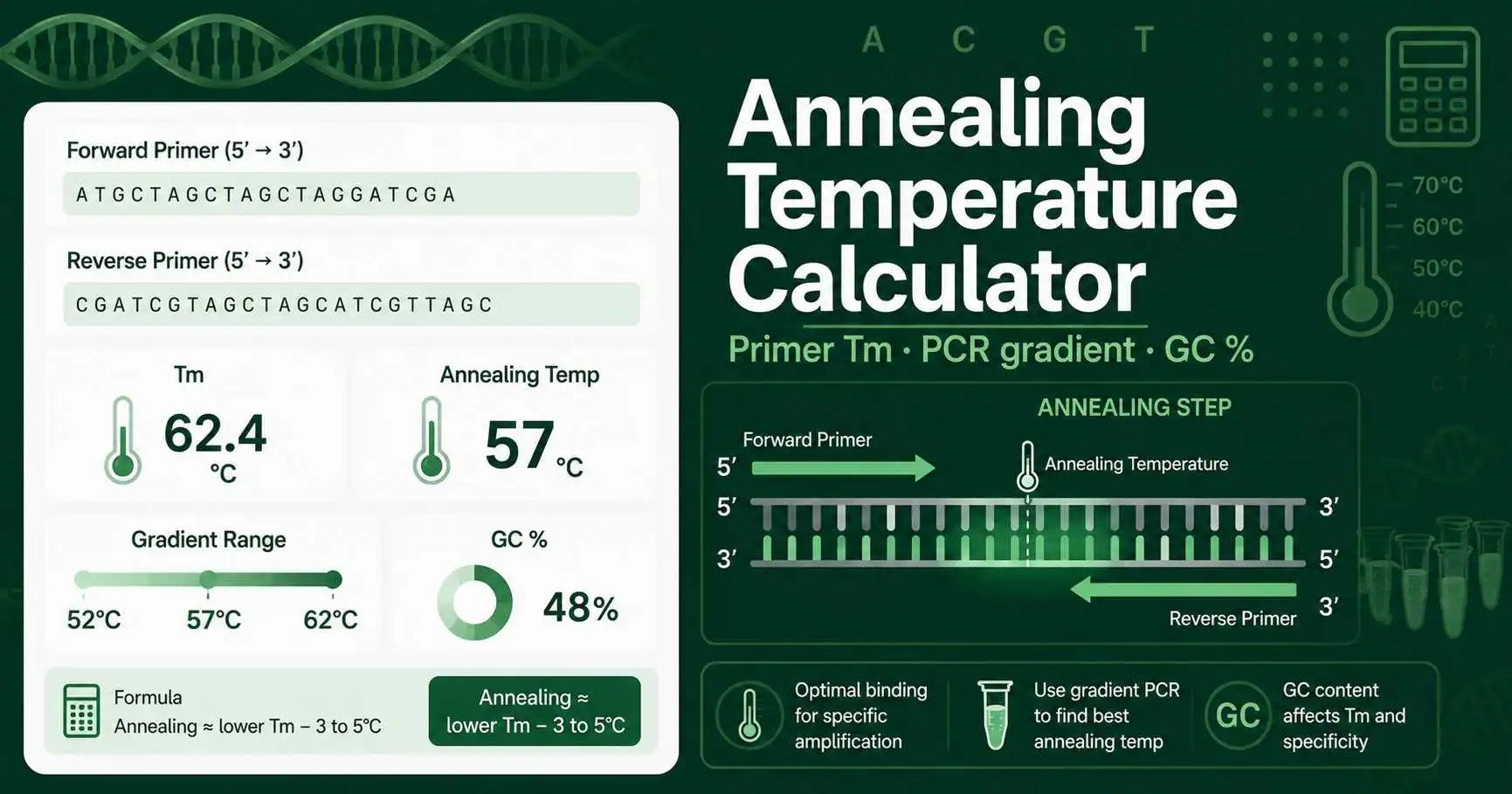 Annealing Temperature Calculator showing primer Tm, GC content, salt concentration, and PCR annealing range