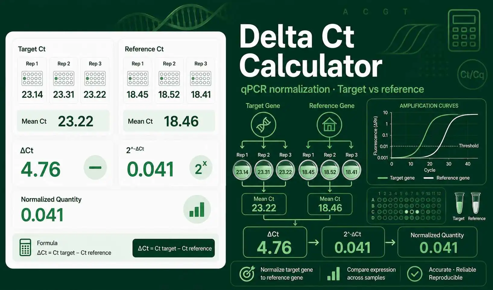 Delta Ct Calculator interface showing target Ct, reference Ct, mean Ct, and normalized qPCR expression