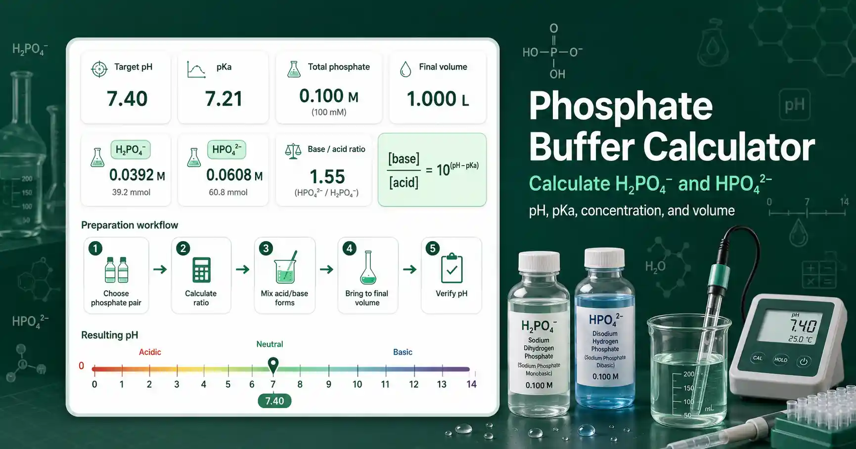 Potassium Phosphate Buffer Calculator showing pH, pKa, KH2PO4, K2HPO4, concentration, and volume